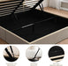 Queen Size Lift-Up Hydraulic Storage Bed, Beige Linen Upholstered Platform Bed with Vertical Channel Headboard, Wooden Slat Support, No Box Spring Needed, Easy Assembly