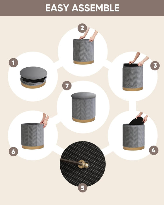 Ottoman with Stroage, round Velvet Storage Ottoman with Gold Plating Base,Foot Rest Stool for Dorm Room, Living Room Grey, 14.76"X14.76"X16.34"