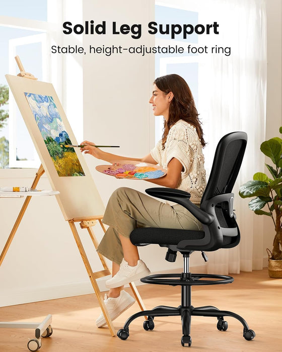 Drafting Chair with Footrest Ring and Flip-Up Arms for Tall Desks