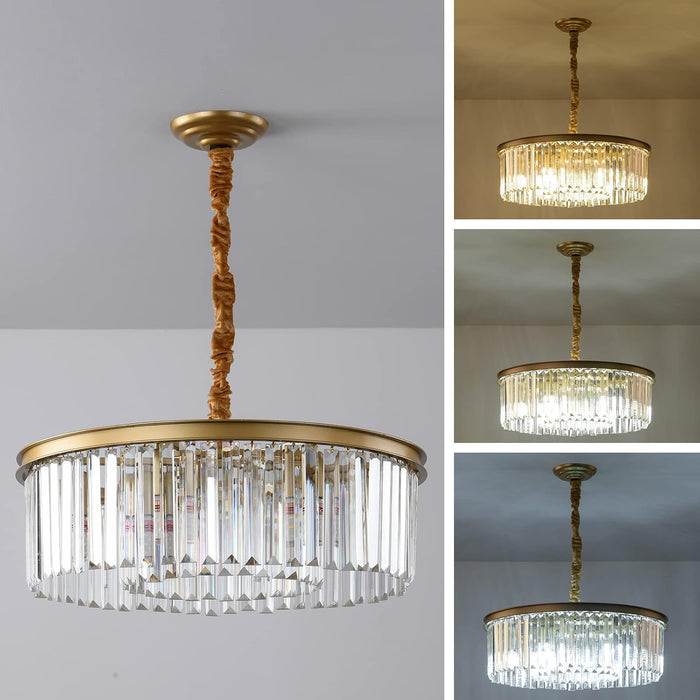 Gold Modern Crystal Chandelier, 2-Tier round Flush Mount Ceiling Light Fixtures Height Adjustable Pendant Lighting for Dining Room Living Room Bedroom Kitchen Hotel Foyer