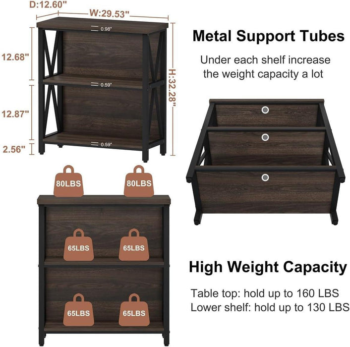 Small Bookshelf, 3 Shelf Bookcase for Living Room, Low Short Bookshelf, Industrial Wood Book Shelf and Rustic Book Case for Small Space, Home Office (Dark Walnut)