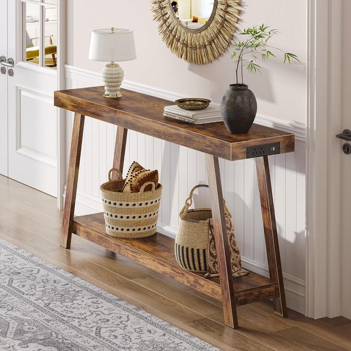 Console Table with Charging Station, USB-C Port, 2 Tiers Entryway Table, 53.9 Inch Sofa Table with Metal Legs, Entry Hallway Table with Thicker Desktop, Modern behind Couch Table, Rustic Brown