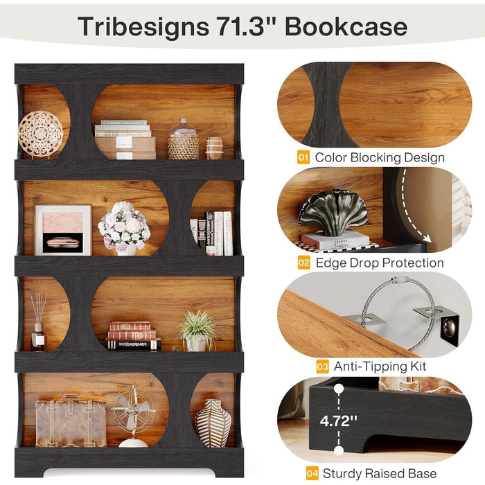 71" Tall Bookcase, 4-Tier S-Shaped Bookshelf, Wood Decorative Storage Shelving, Modern Freestanding Display Shelves, Large Library Book Shelf Unit for Home Office Living Room Bedroom, Black