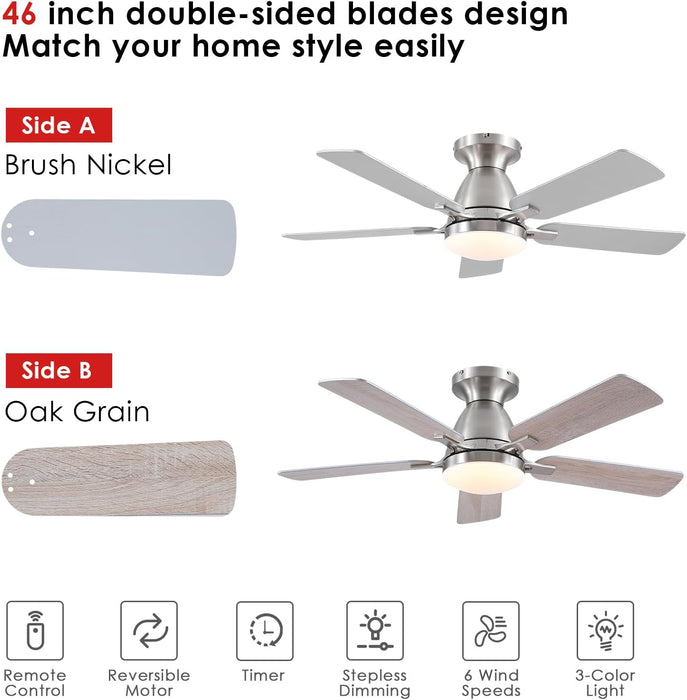 Ceiling Fans with Lights and Remote/App Control,46" Flush Mount Ceiling Fan Dimmable DC Motor，Low Profile Ceiling Fan for Bedroom,Living Room,Brushed Nickel