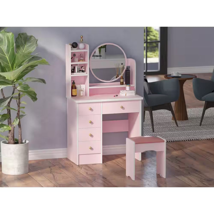 5-Drawers Pink Makeup Vanity Dressing Table Set with Stool, Mirror and Storage Shelves Girls Dressing Table