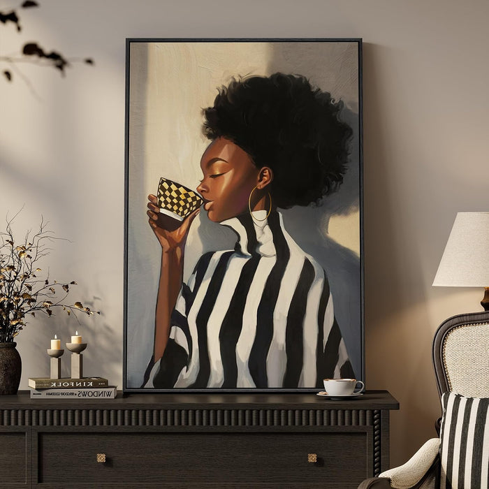 Framed African American Wall Art, Modern Black Woman Canvas Picture Prints, Black and White Portrait Black Art Decor for Living Room, Coffee Corner, Bedroom, Office, 24 X 36 In