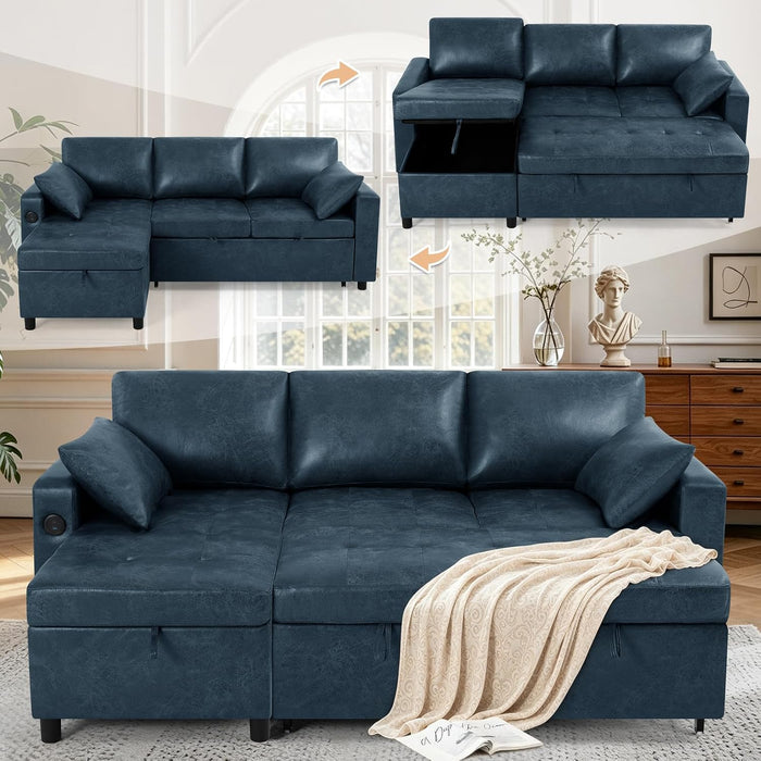 84” Suede Leather Pull-Out Sofa Bed W/Adjustable Back, Blue