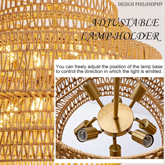 28.7In Large Rattan Chandelier 8-Light Gold Boho Rattan Chandelier