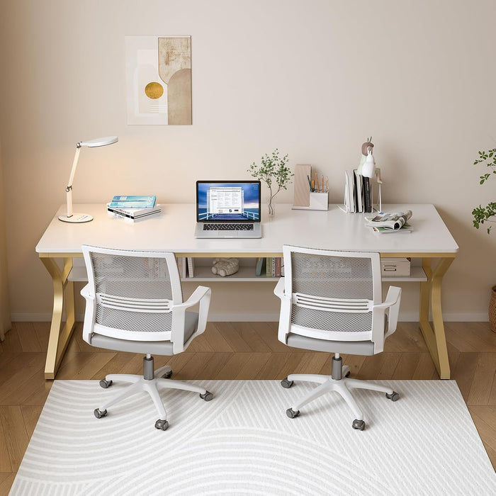 71-Inch Extra Long Desk with Storage Shelf, Gold