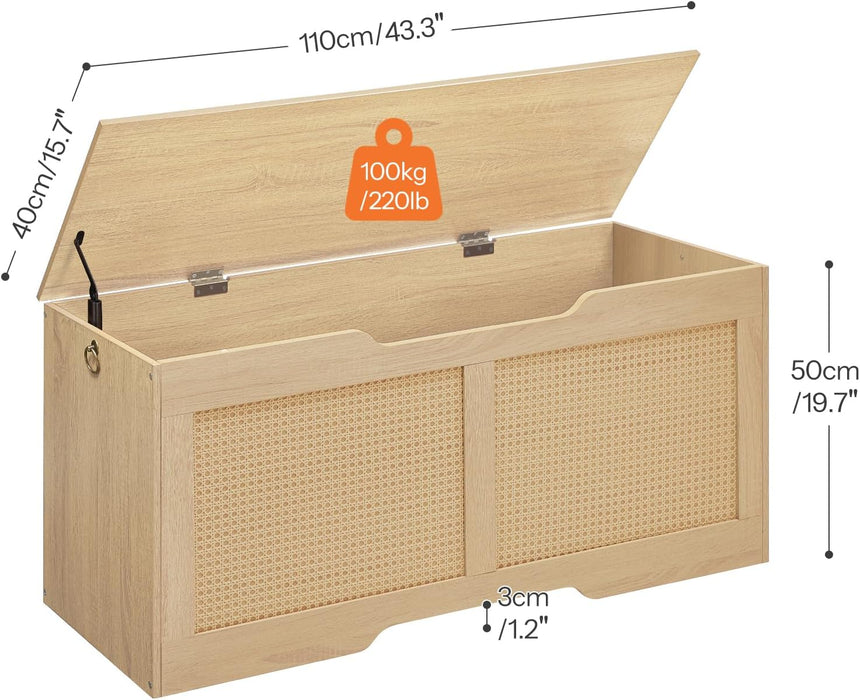 Storage Bench, 43.3" Toy Box, Rattan-Like Storage Chest, Sturdy Entryway Bench Supports 220 Lb, Toy Chest, Safety Hinge, U-Shaped Opening, Easy Assembly, Natural NL22CW01
