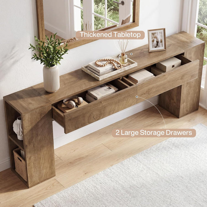 Extra Long Console Table, 79-Inch Entryway Table with 2 Drawers and Side Storage Shelves, Farmhouse behind Couch Table for Entrance, Hallway, Foyer, Living Room, Brown