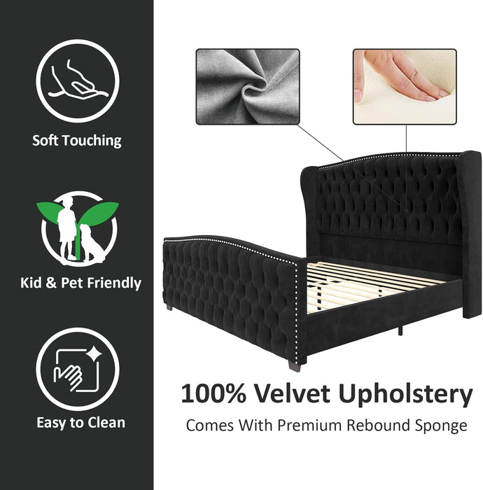Queen Size Platform Bed Frame, Velvet Upholstered Bed with Deep Button Tufted & Nailhead Trim Wingback Headboard/No Box Spring Needed/Black