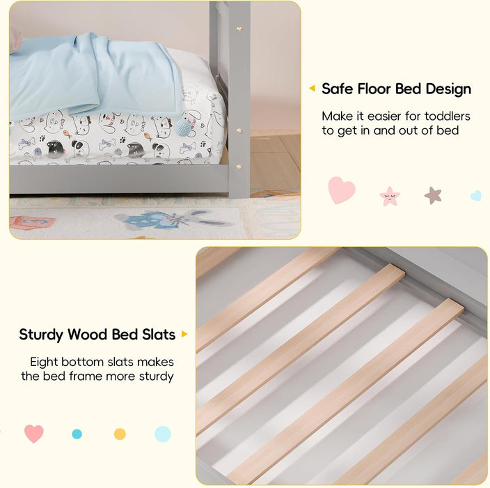 Grey 81InchLength Solid Pine TwinHouseBed Montessori