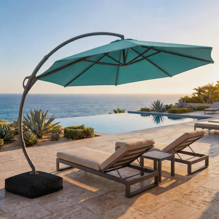 Outdoor Patio Umbrella with Base, 11 FT Deluxe Curvy Cantilever Umbrella Heavy Duty Offset Hanging Umbrella with 360° Rotation for Market, Pool, Garden, Backyard, Deck (Turquoise Blue)