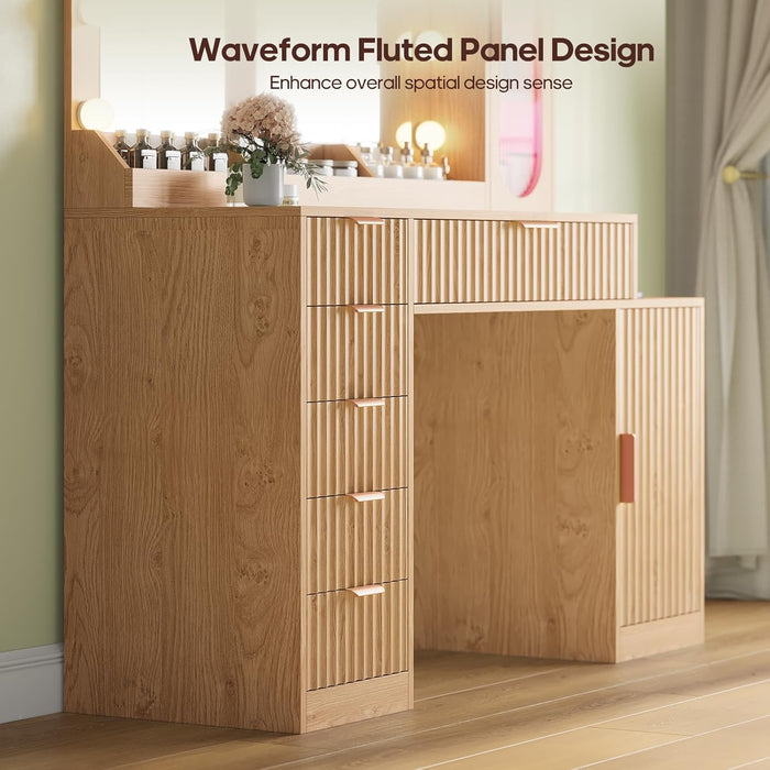 Fluted Makeup Vanity Desk with Large 31.5" Mirror and Lights, 46.1" Wood Vanity with Charging Station & RGB Lights, Dressing Table with 6 Drawers & Cabinet & Shelves, Oak