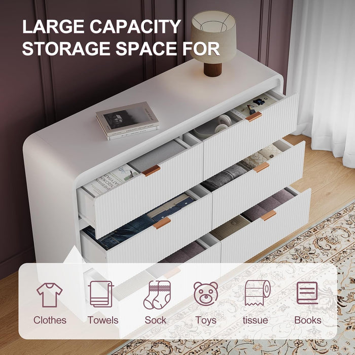 Fluted 6-Drawer Dresser 54-Inches White Solid-Wood Storage