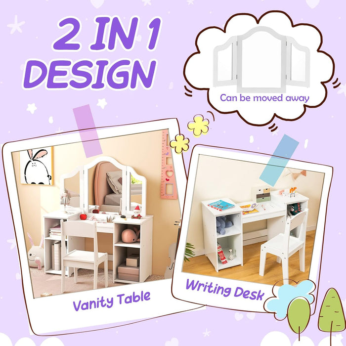 Kids Vanity, 2 in 1 Princess Makeup Desk & Chair Set with Detachable Tri-Folding Mirror, Storage Shelves, Wooden Toddler Vanity Dressing Table, Vanity Set for Little Girls (White)