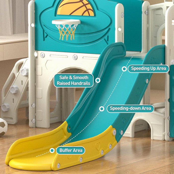 9-In-1 Toddler Slide, Bus-Themed Baby Slide and Climber Playset with Basketball Hoop, Ring-Toss, Car Playhouse, Kids Indoor and Outdoor Playground