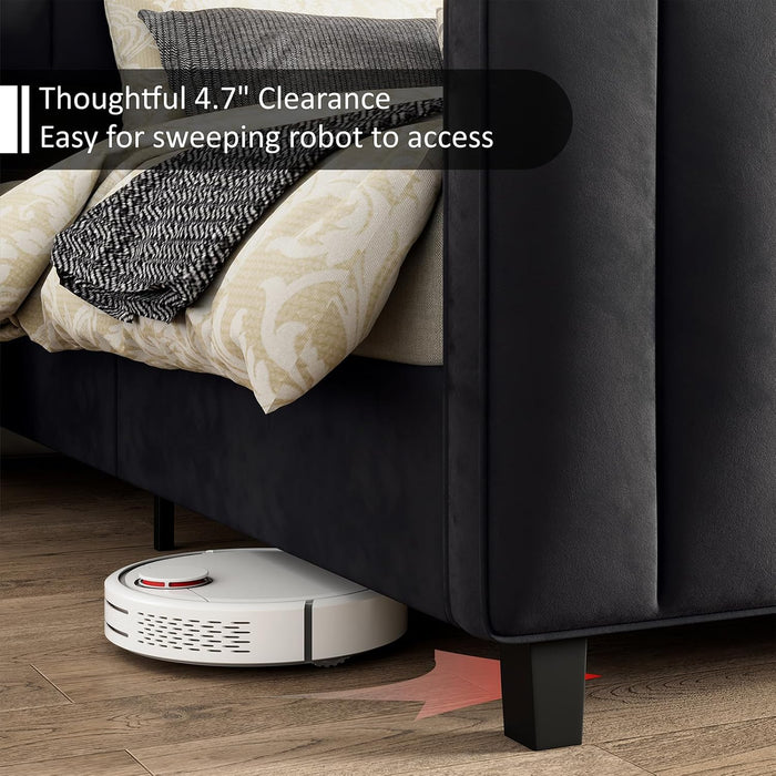 Queen Size Bed Frame, Velvet Upholstered Platform Bed with Vertical Channel Tufted Headboard & Footboard/Wingback, Mattress Foundation with Wood Slats, No Box Spring Needed, Black