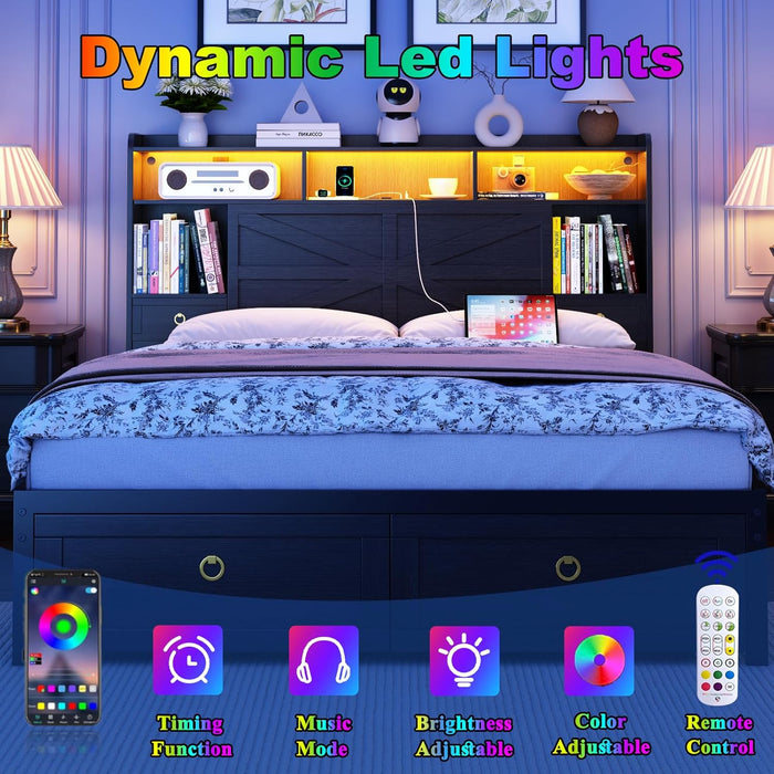 Queen Bed Frame with Storage Headboard, Farmhouse Platform Bed Frame with Bookshelf, Drawers, LED Lights and Charging Station, Metal Slats Support, Noise Free, No Box Spring Needed, Black