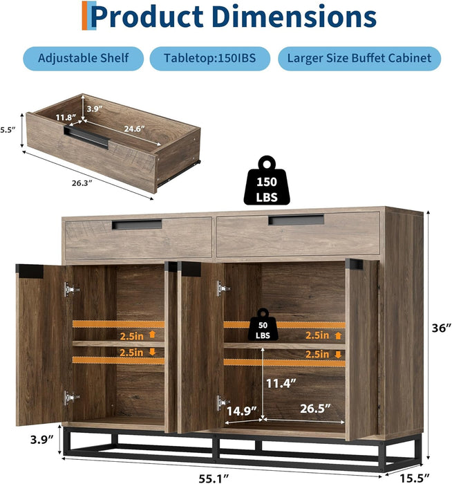 55" Buffet Cabinet with 2-Drawer and 4-Door Storage - Kitchen Dining Room Coffee Bar Organizer, Large Accent Furniture for Dining Room, Brown