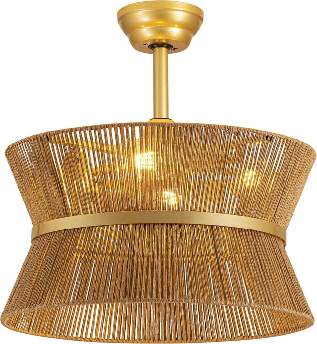 Boho Fandelier Ceiling Fan with Light and Remote Rattan Chandelier Fan Gold Caged Ceiling Fan with Light for Bedroom, Living Room Nursery Foyer Kitchen（6 Speed, Timing Adjustable Height）