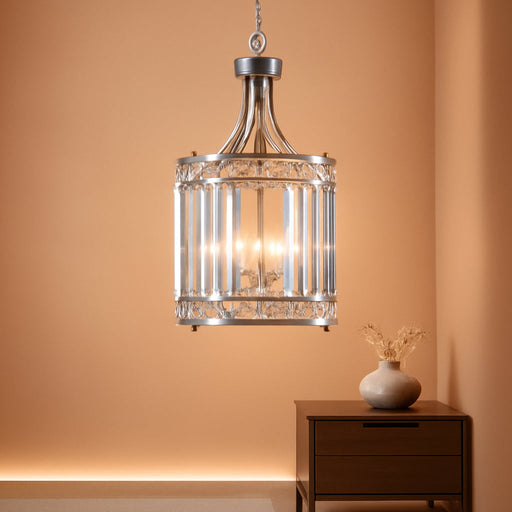 11.8" Modern Crystal Chandelier Brushed Nickel Lantern 4-Light Small Farmhouse Geometric Pendant Lighting Fixture Adjustable Hanging Cage Ceiling Lights for Living Room Dining Room Entryway