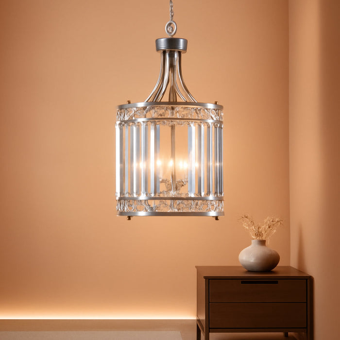 11.8" Modern Crystal Chandelier Brushed Nickel Lantern 4-Light Small Farmhouse Geometric Pendant Lighting Fixture Adjustable Hanging Cage Ceiling Lights for Living Room Dining Room Entryway