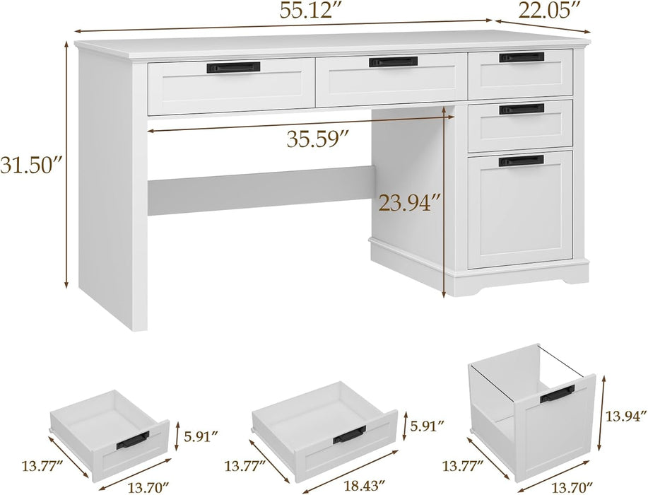 55" Farmhouse Home Office Desk with File Drawer, Executive Computer Desk with 4 Storage Drawers, Rustic Computer Desk for Working, Studying, Writing（White