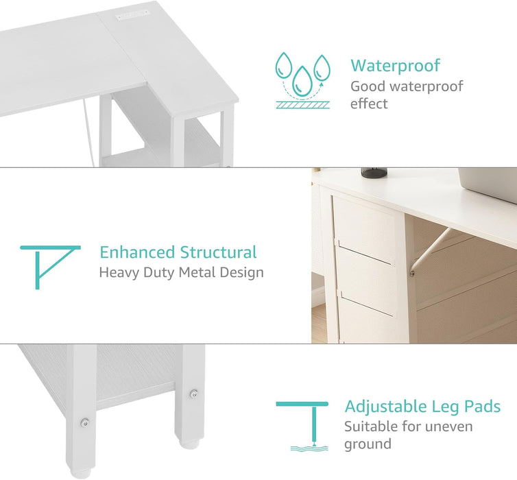 White 47Inch LShaped Corner Desk With ReversibleStorage