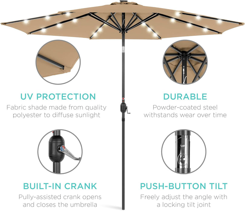 10Ft Solar Polyester LED Lighted Patio Umbrella W/Tilt Adjustment and Uv-Resistant Fabric - Tan