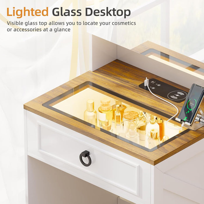 3 in 1 Small Vanity Desk with Lights and Mirror,Tall Lighted Compact Vanity with Charging Station,Makeup Vanity Set with Jewelry Armoire,Glass Top,Wheeled Stool,3 Drawers, White