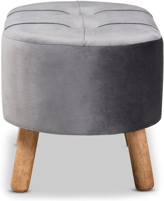 Simone Mid-Century Modern Grey Velvet Fabric Upholstered Wood Ottoman