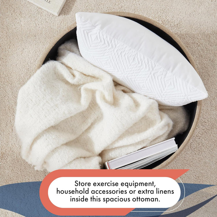 Decor round Ottoman with Storage, round Vanity Chair Stool Ottoman Pouf with Storage for Living Room and Bedroom, Linen Beige