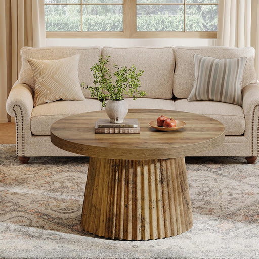 Coffee Table, 31.5" Small Farmhouse round Coffee Tables with Fluted Drum Base, Mid Century Modern Boho Accent Center Table for Living Room, Apartment, Small Space, Brown