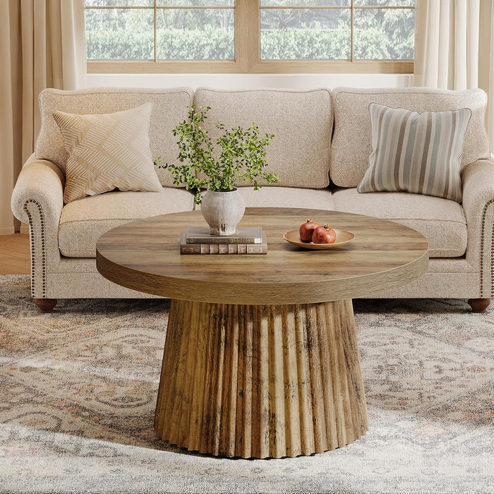 Coffee Table, 31.5" Small Farmhouse round Coffee Tables with Fluted Drum Base, Mid Century Modern Boho Accent Center Table for Living Room, Apartment, Small Space, Brown