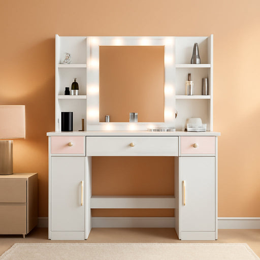 Vanity Desk with Mirror and Lights, 43'' Makeup Dressing Table Set with 5 Drawers & Power Outlet, 3 Lighting Modes Brightness Adjustable, Vanity with RGB Ambient Light for Women Girls Bedroom, White