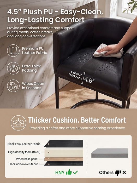 Black Modern Barrel Counter Height Clearance Bar Stools Set of 3, 24 Inch PU Leather Kitchen Barstools with Back for Island, with Black Metal Tubular Frame