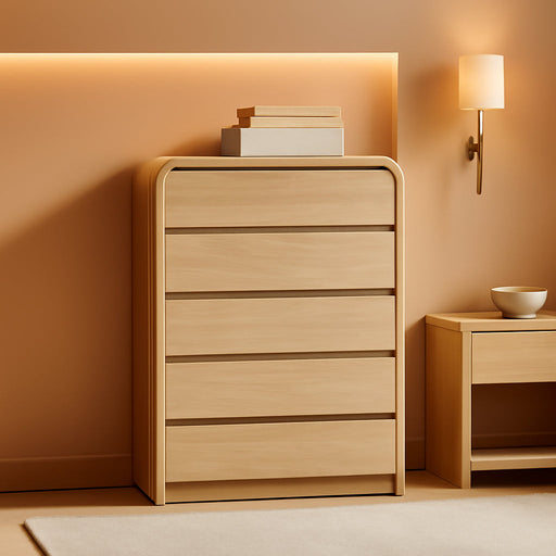 Modern 5 Drawers Dresser for Bedroom, 45" Tall Dressers & Chests of Drawers W/Curved Profile Design, Wood Mid Century Vertical Dresser W/Natural Texture for Bedroom, Living Room, Natural Oak