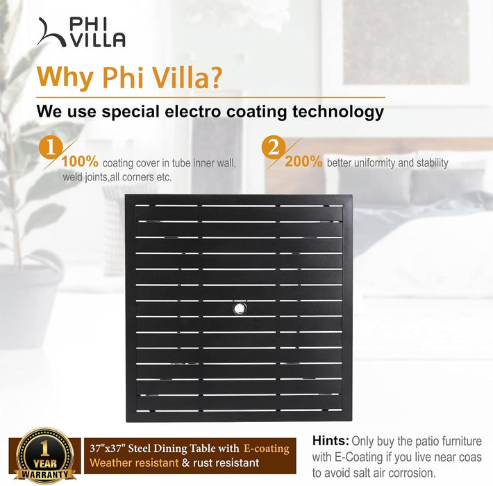 5-Piece Metal Patio Outdoor Table and Chairs Dining Set- 37" Square Bistro Table and 4 Backyard Garden Chairs, Table with 1.57" Umbrella Hole