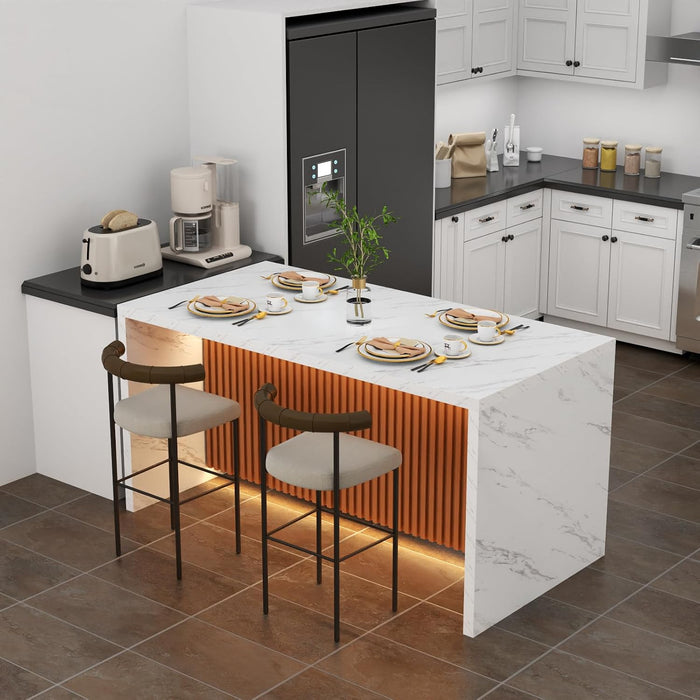 63" Large Imitation Marble Dining Table for 4-6 People, with LED Lights | Modern Kitchen Island Table, Marble Stripes Kitchen Dining Table with Grille Design for Dining Room,Living Room (White)
