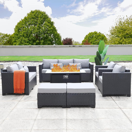 7 PCS Outdoor Furniture Sets 60000BTU 45-Inch Outdoor Propane Fire Pit Table Patio Furniture Set No-Slip Cushions and Waterproof Covers, Light Grey