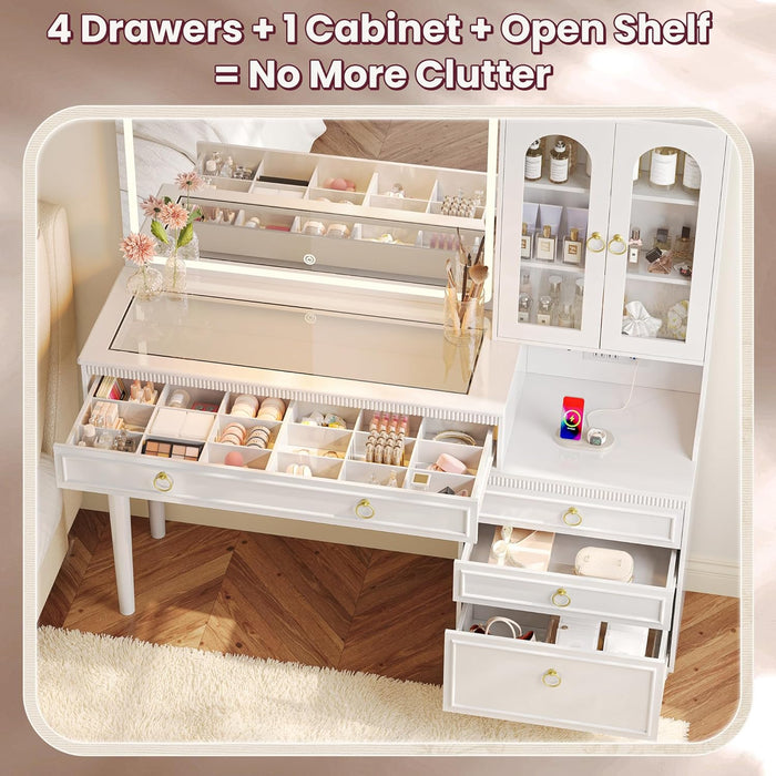 53 Inch Makeup Vanity Desk with Large Mirror and Lights, Vanity Table with Power Outlets and USB-C Port, Glass Top, 4 Divided Drawer Storage, Big Vanity with Cabinet, Adjustable Shelves, White