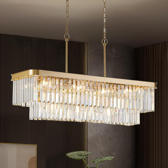 Gold Crystal Chandelier 11 Lights Rectangular Fixture