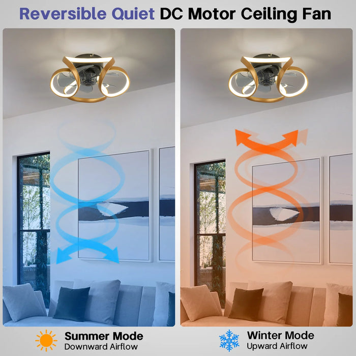 Ceiling Fans with Lights and Remote, Dimmable Low Profile Gold Ceiling Fan, Flush Mount Bladeless Ceiling Fan, Stepless Color Temperature Change and 6 Speeds