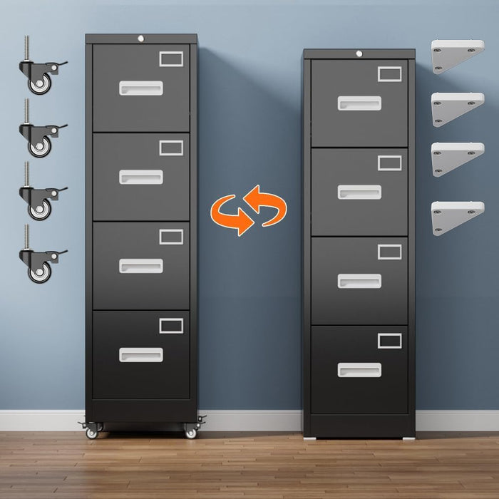 4 Drawer Metal File Cabinet with Lock, Mobile Heavy Duty Steel Filing Cabinet with Full Extension Rails, for Office Workspaces, Letter Legal Size, Black, Assembly Required
