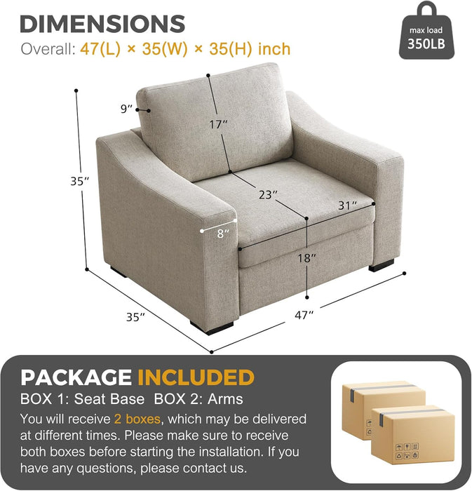 47" Oversized Accent Chair Set of 2, Linen Fabric Modern Chair with Washable Covers, Comfortable Upholstered Large Armchair for Living Room, Bedroom, Office, Oatmeal