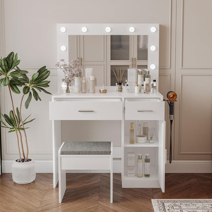 Vanity, Vanity Desk with Mirror, Large Drawer and Power Socket with 11 Light Bulbs and 3 Adjustable Lighting Modes, Vanity Table Ideal for Bedroom (White)