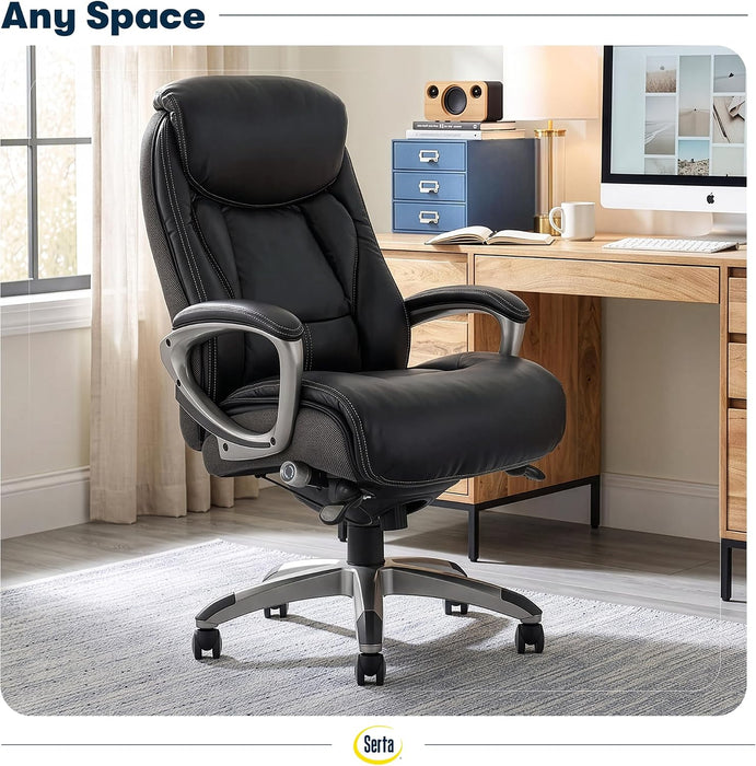 Lautner Executive Home Office Desk Chair, Ergonomic High-Back with Adjustable Lumbar & Body Pillows, Smartlayers and Comfortcoils Technology, Mesh and Bonded Leather, Black/ Gray