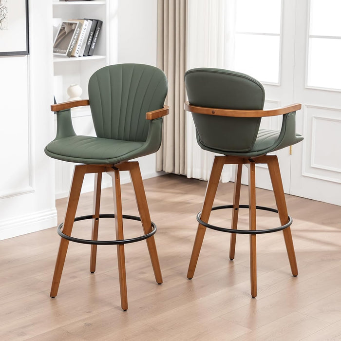 26” Counter Height Stools Set of 2,Mid Century Modern Bar Stools,Green PU Leather Kitchen Island Stool,Wood High Barstools Swivel with Back and Arms for Home Bar Furniture
